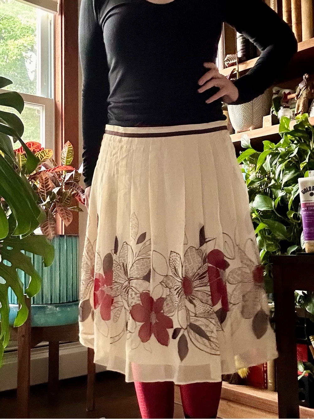 Ted Baker Floral Cream A-Line Silk Skirt with Red Accents